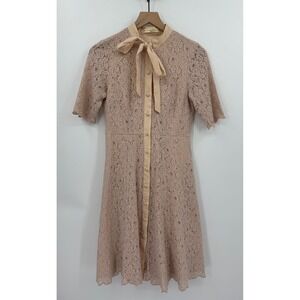 Wayward Fancies Dress Womens Small 4 Beige Pink Lace Tie Neck‎ Cottage Romantic